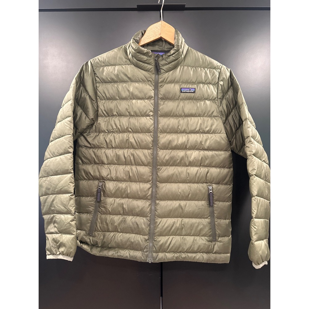 Patagonia Kids XL 14 Down Sweater Jacket Sage Green Olive Puffer Full Zip